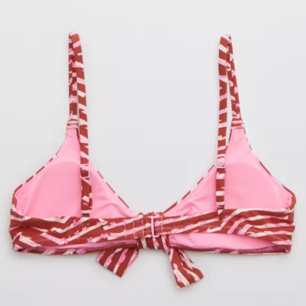 Aerie Tie Front Scoop Bikini Swim Top Best Buds Pink White Striped Size Small - Picture 7 of 9